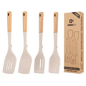 Pack of 4 Silicone Kitchen Utensils Set, Non Stick Solid Spatulas and Heat Resistant Slotted Spoons with Wooden Handle, Ideal BPA Free Cooking Utensils for Mixing,Serving,Turning,Stirring