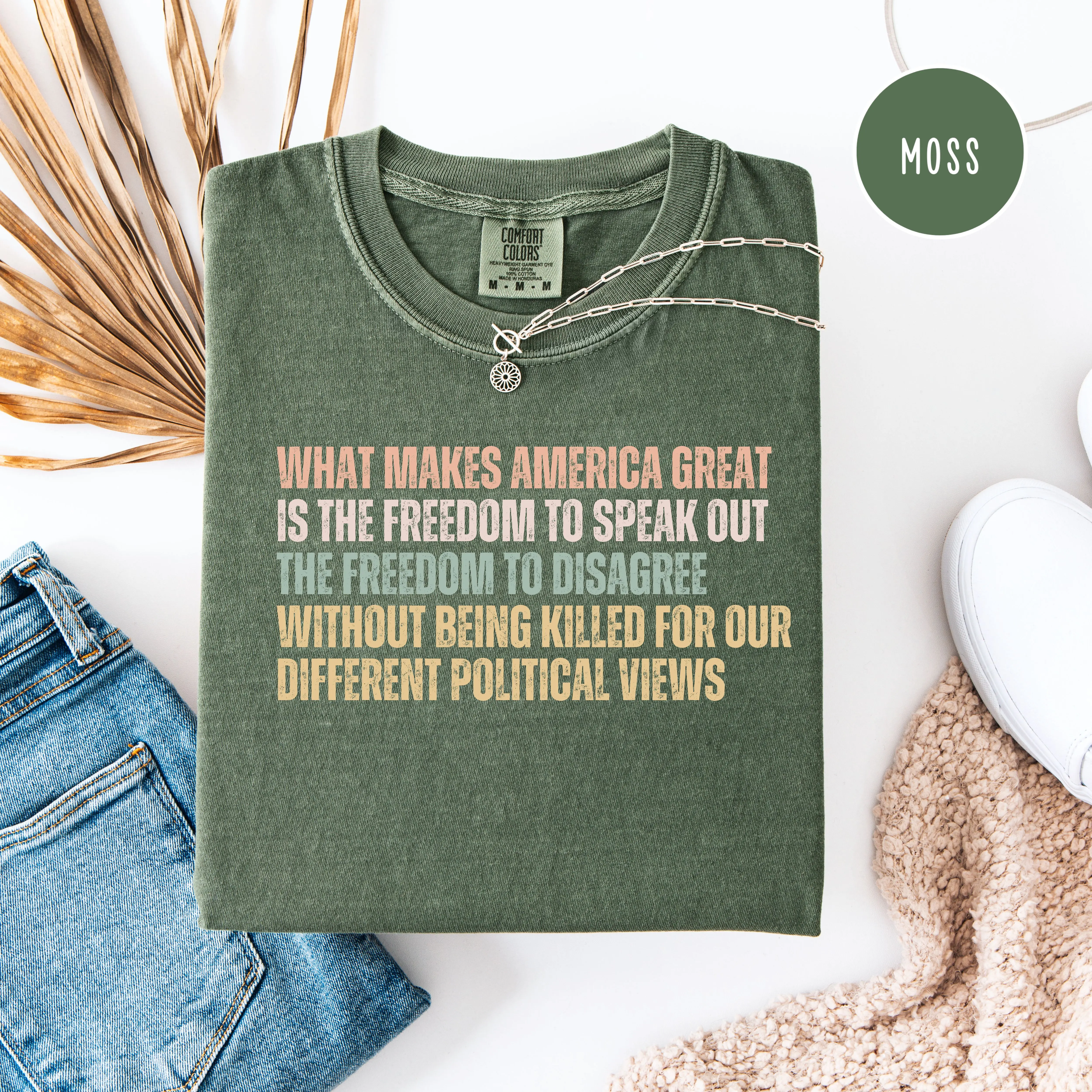 Comfort Colors Moss Green Crewneck T-Shirt - Short Sleeve Fitted Tee for Summer Casual Wear with Slogan Design