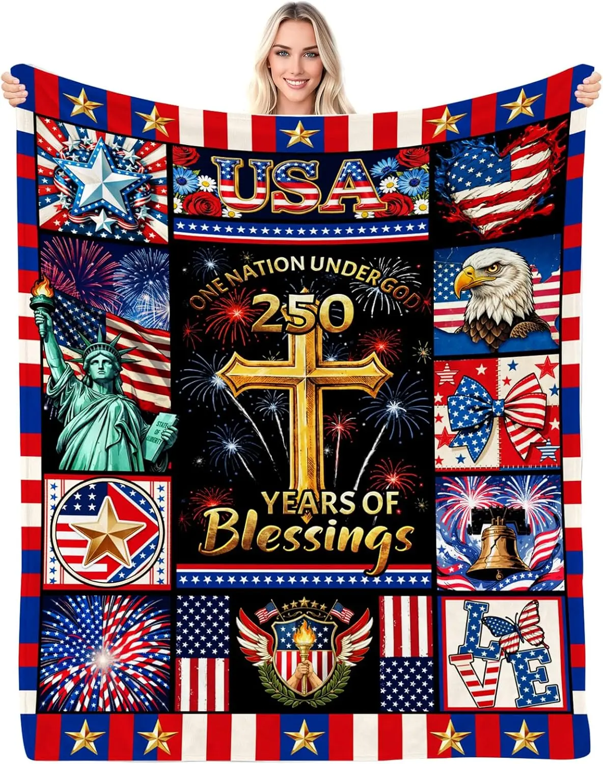 America250 250th Anniversary Polyester Flannel Decorative Blanket - Soft Cozy, Soft Touch, Fluffy Surface American Flag Throw, 1 Nation Under God Blessings, 60"x50" for Independence Day Decor
