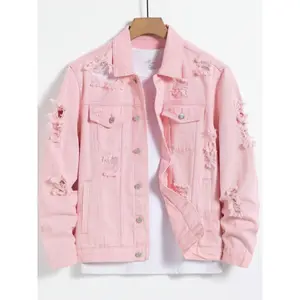 Ebb Supply Men's denim jacket for spring and autumn. Pink ripped denim jacket. Daily casual. Fashionable and trendy