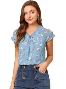 INSPIRE CHIC Ditsy Floral Blouse Cottagecore Short Cap Sleeve Chiffon Ruffle Top