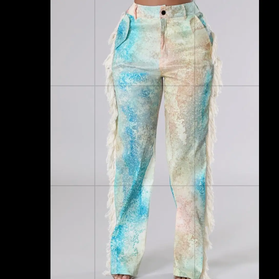 Stylish slight stretch tassel high waist straight pants
