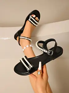 Round Toe Flat Sandals, Casual PU Leather, Metal Buckle, Comfortable & Stylish, Ideal for Office, Shopping, Events