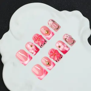 10pcs/Set Handmade Square Nail Tips With French Edge, Carving, Beads, Shells,Y2K Baddie Style, Nude & Pink White Color, Suitable For Party, Wedding, Daily Wear, Includes Tool Kit, Great Gift For Women & Girls Nails Nail Supplies Handmade Press On Nails
