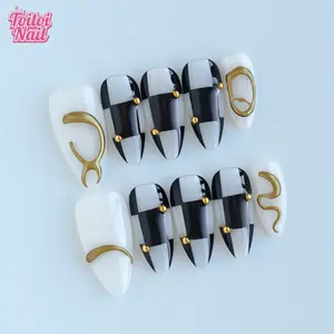 Check Gold Handmade Press-On Nails, Hand Painted Nails | Short Almond Shape, 10pcs | Y2K Check Gold Design | Black & White Checkerboard & Gold Curve/Stud Accents | Reusable DIY Nail Kit for Women | Trendy Nails for Spring, Summer, Parties & Daily Wear
