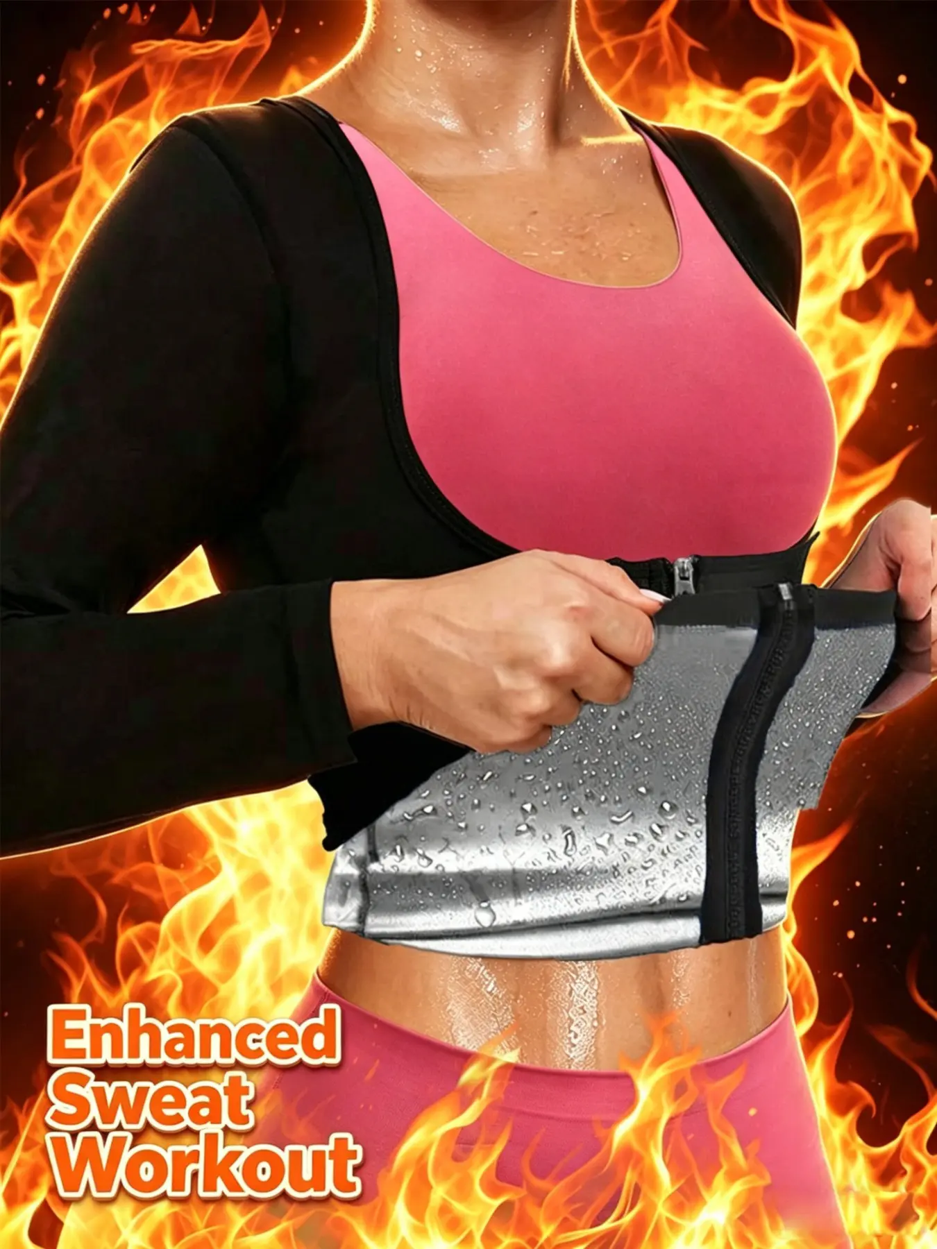 Women's Solid Long Sleeve Zip Up Sauna Top, Open Bust Tummy Control Sports Shapewear Top, Workout Gym Exercise Clothing, Women's Workout Clothes, Sweat Wicking Breathable, Compression Sports Top, Activewear