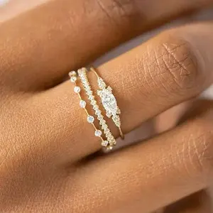Elegant 3-Ring Set | Gold Finish Marquise, Pavé & Bezel Bands  Stackable Jewelry