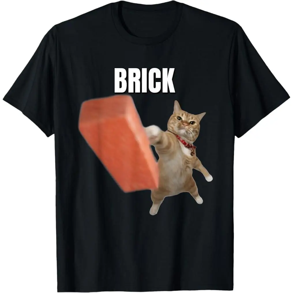 Unisex 100% Premium Cotton Short-Sleeve Casual Print Tee, Funny Cat Throwing Brick Meme Brainrot Humor Sports Top