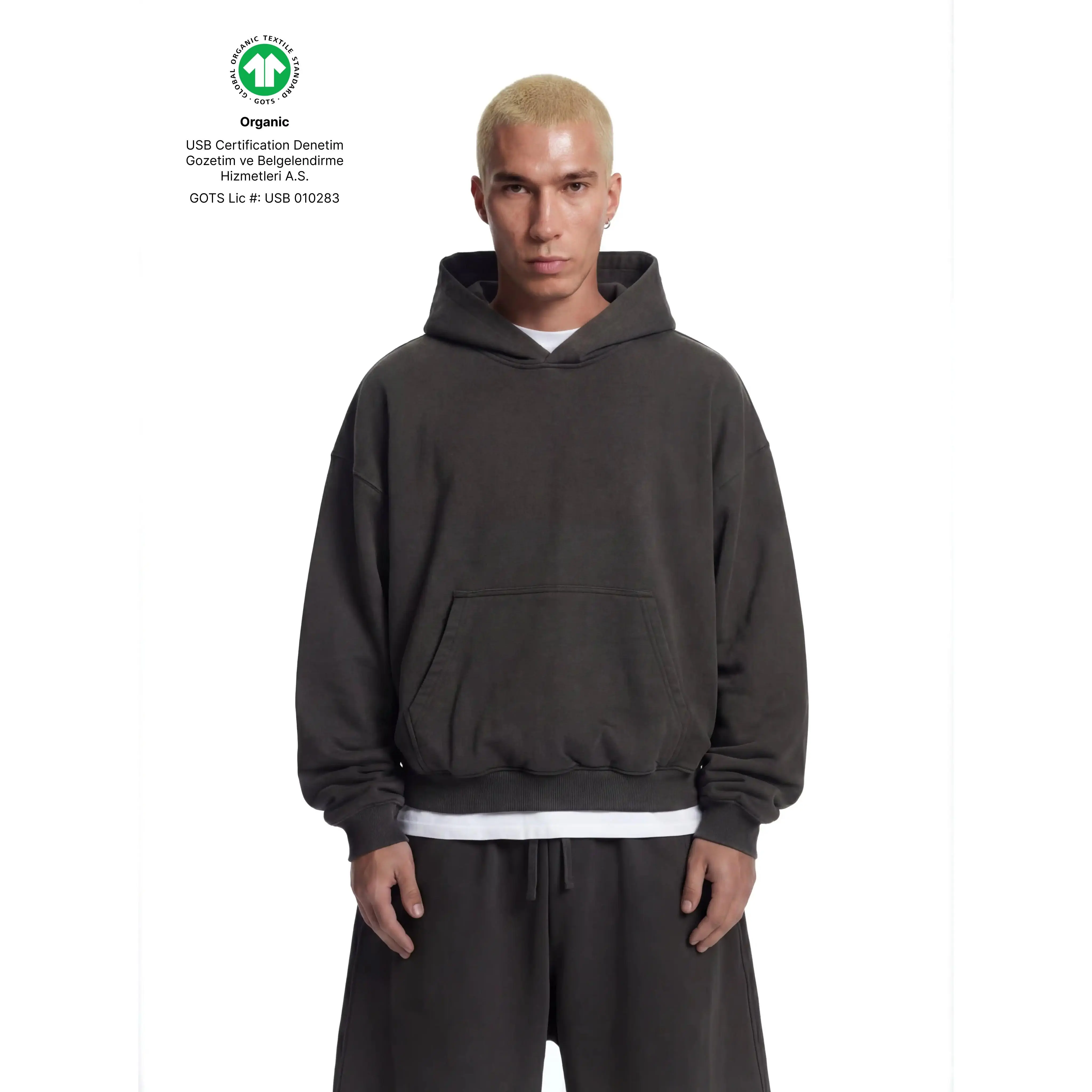 Cropped Hoodie, 530GSM, Organic Cotton - Volcanic Ash