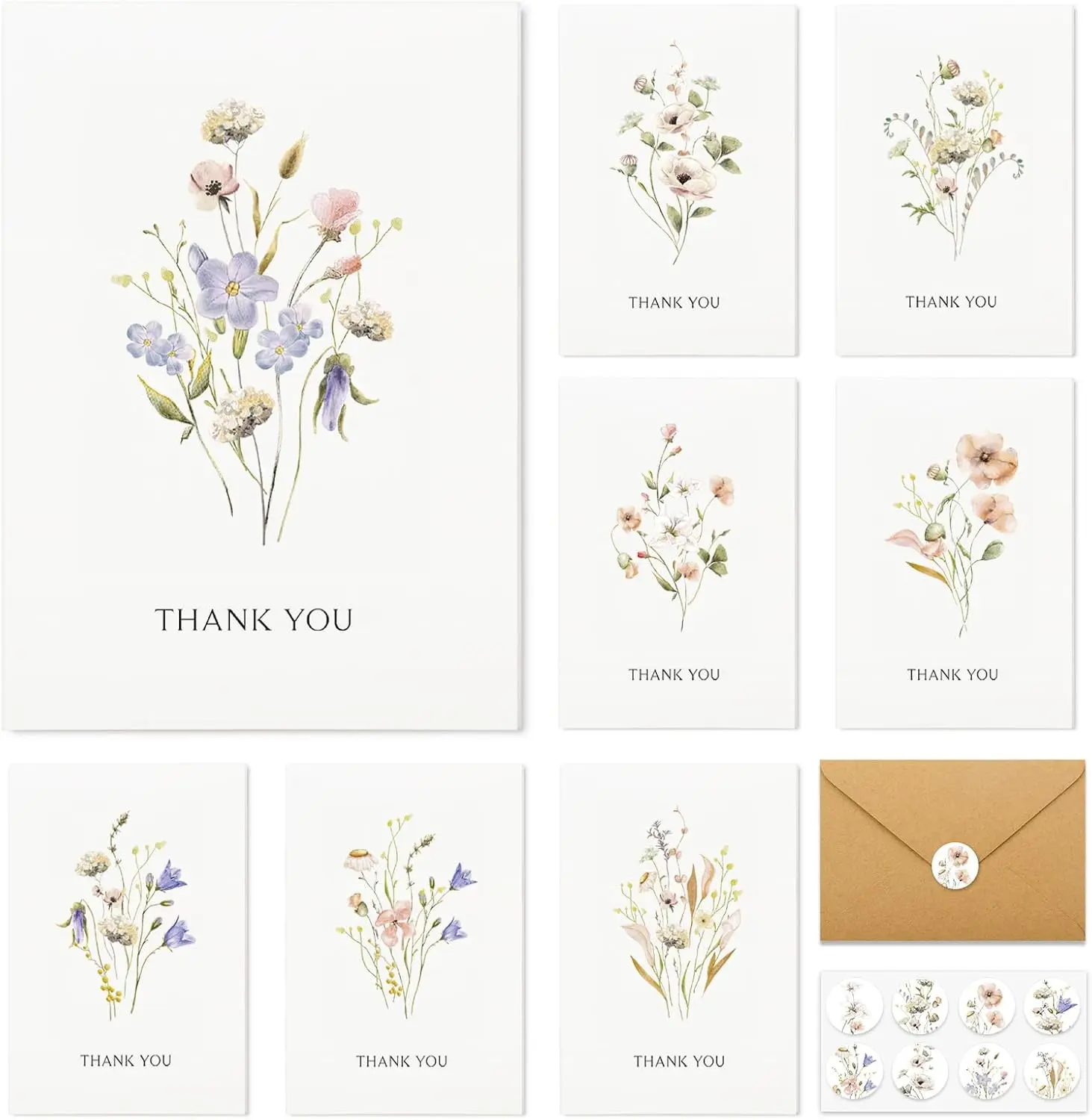 Thank You Cards with Envelopes 32 Pack Wildflower Blank Cards With Adhesive Envelopes & Matching Stickers Perfect, Appreciation Cards, Blank Cards And Envelopes