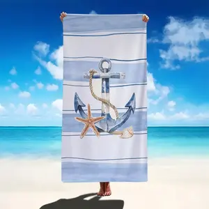 Blue and white striped large bath towel with anchor and starfish prints, quick-drying absorbent towel for seaside vacations, portable travel beach towel, sand-proof shawl, suitable for sports and yoga, Striped pattern towel