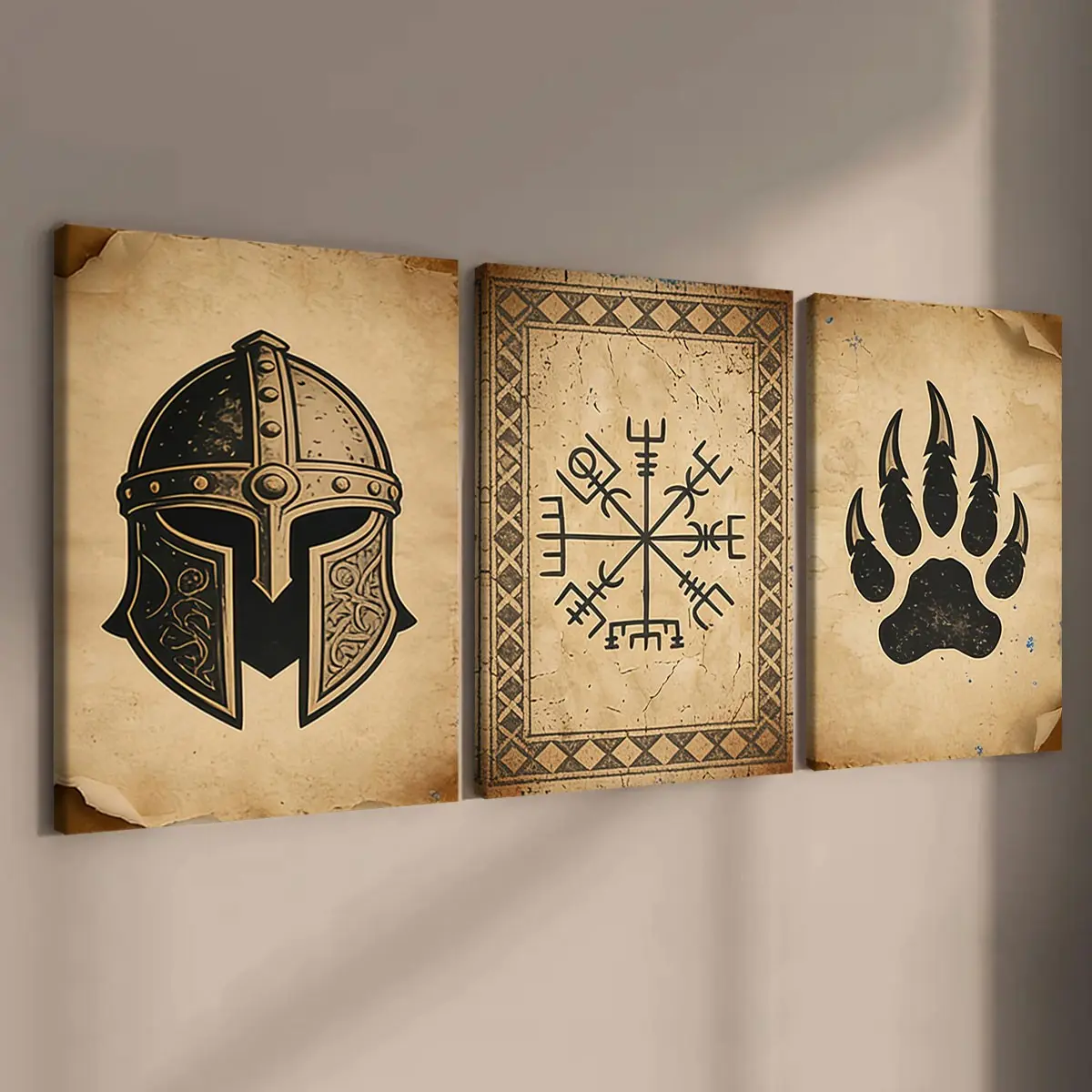 Vintage Viking Elements Canvas Poster with Wooden Frame, Stylish Living Room and Bedroom Decor, Waterproof Art for Modern Homes