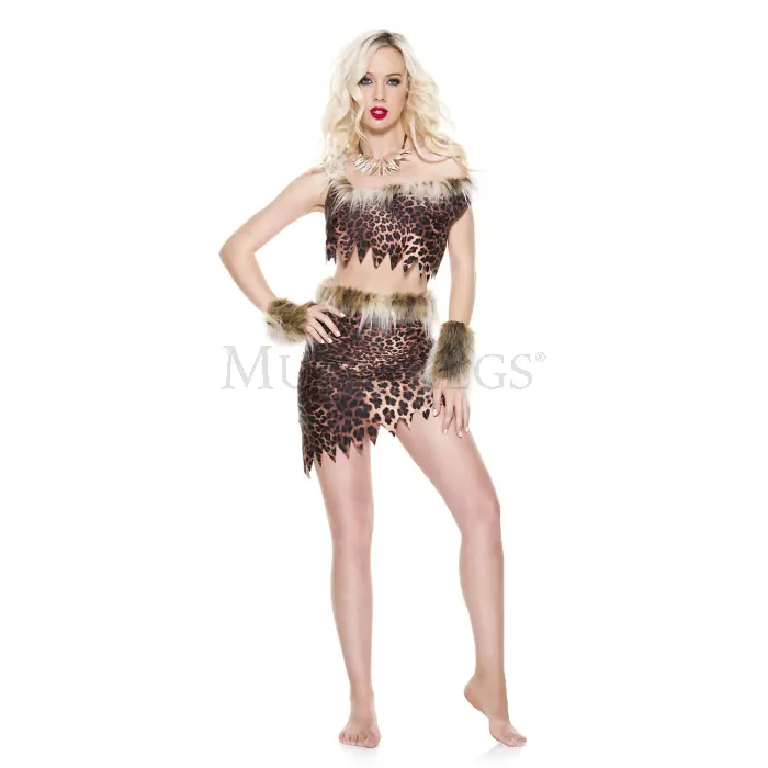 212 MAIN Wild Cave Lady Women's 4-Piece Polyester-Elastane Dog & Cat Party Costume - Leopard Fur Print, Jagged Hem, Fashion Accessories, Medium, Large, Faux Fur Trim
