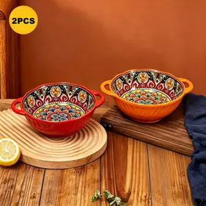 2-Piece Bohemian Aesthetic Ceramic Tableware Soup Bowls Set, Embossed Tree Pattern, Creative Large Soup Bowls, Noodle Bowls, High-End Fruit Salad Bowls