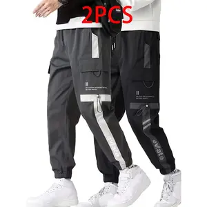2-pack men’s functional cargo jogger pants, featuring color-block letter print, 3D cargo multi pockets, elastic drawstring cuffs; breathable and wear-resistant—ideal for everyday commuting, outdoor sports, streetwear, and casual home wear across all seaso