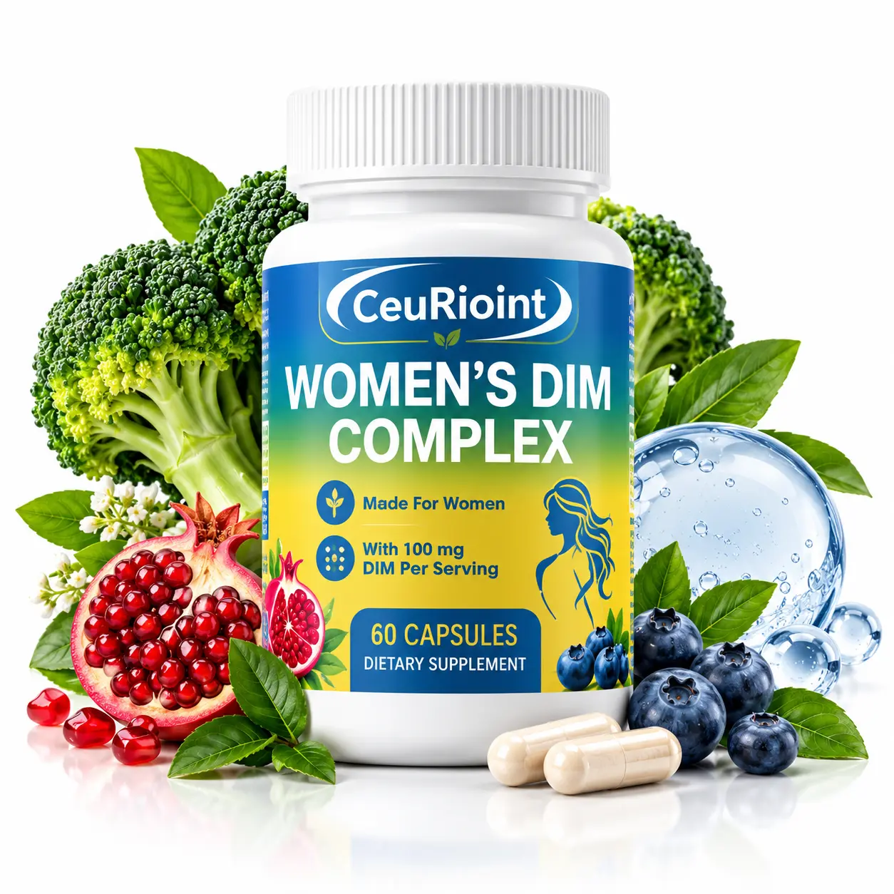 Women's DIM Complex Supplement, 100mg DIM & 60mg Hyaluronic Acid, Vitamin B3 B5 B6, Zinc, Copper, Pomegranate & Blueberry Extract, Energy Metabolism & Normal Immune Function Support, Women's Daily Wellness, 60 Vegetable Capsules