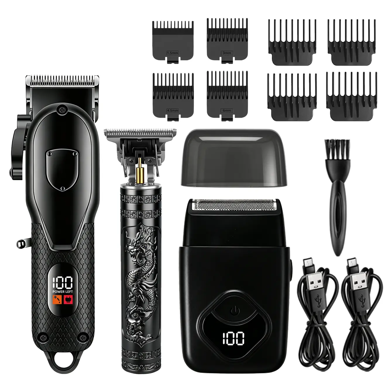 KiKiDO Barber Cordless Grooming Kit – Hair Clipper, Dragon T-Trimmer & Foil Shaver with Digital Power Display for Men Beard & Fades Title 3