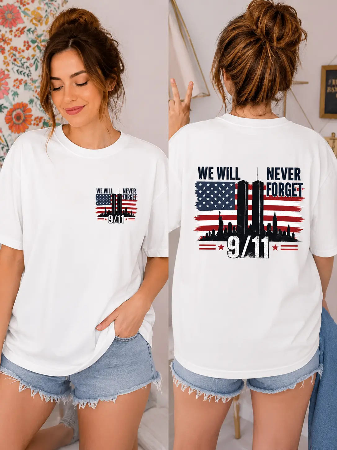 We Will Never Forget 9 11 Memorial T-Shirt, USA Flag And Twin Towers Graphic Tee, Patriotic Tribute Shirt, Patriotic Memorial Gifts