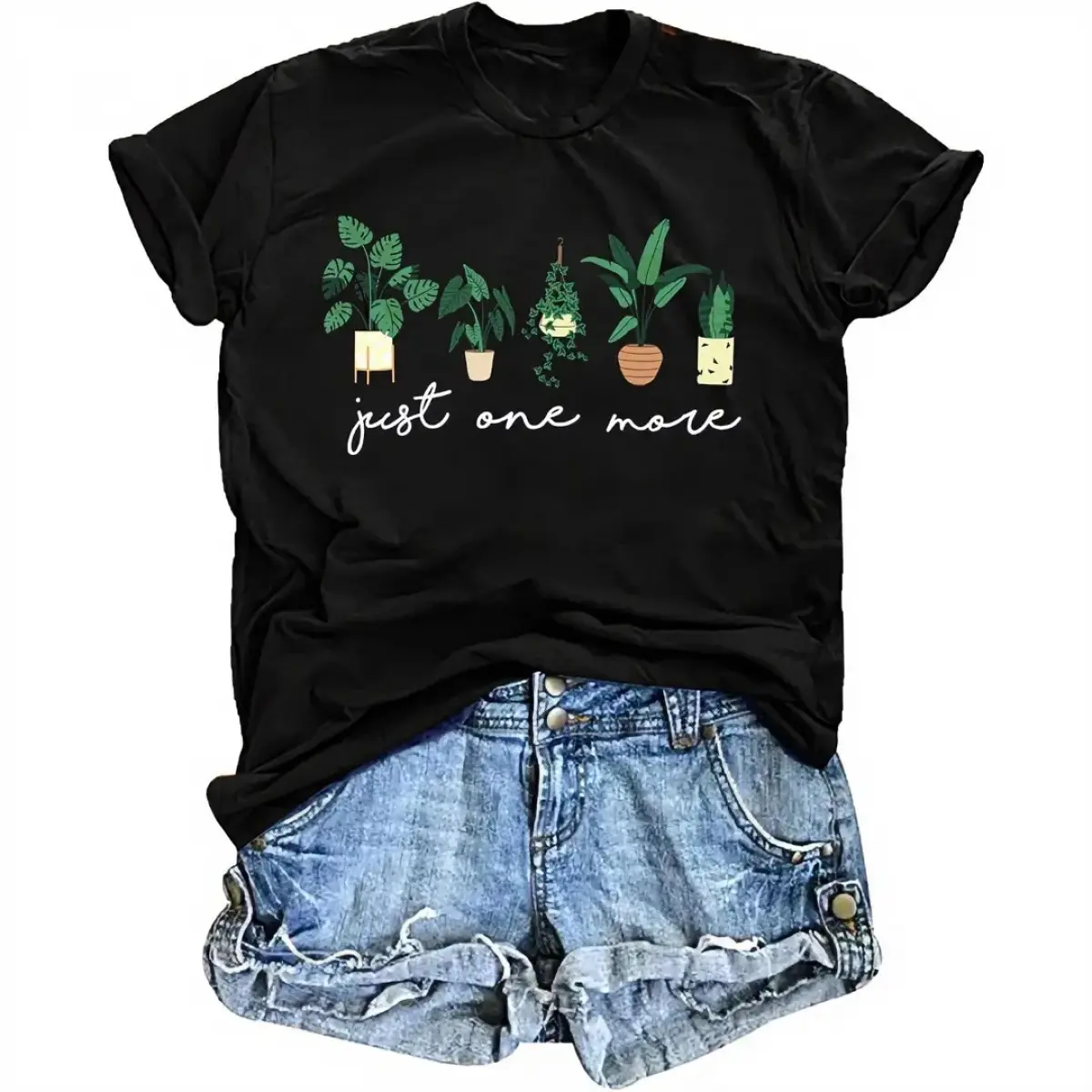 Women's 100% Cotton Short-Sleeve Fashion Fit Comfortable Gardening T-Shirt, "1 More Plant" Graphic Top, Funny Gardener Gift Tee