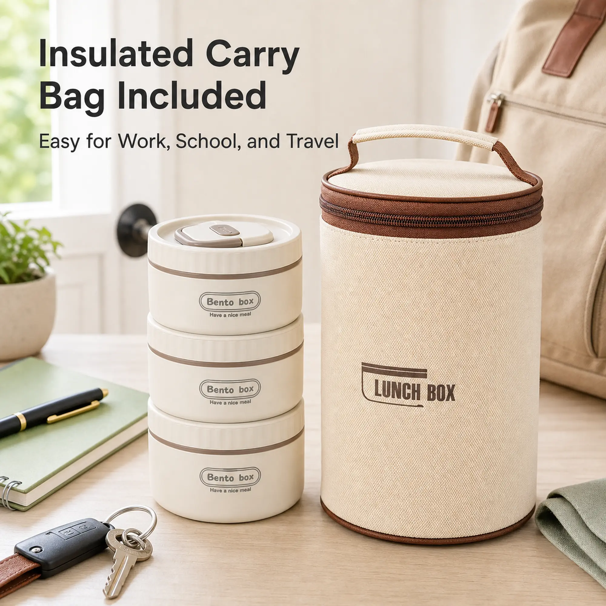 Portable Insulated Lunch Box Set with 2 x 13.5oz and 1 x 20oz Bento Boxes, Leak-Proof Meal Prep Containers, Separate Food Storage, Microwave Safe Tableware, Insulated Lunch Bag with Handle for School, Work and Travel, Bento Box Lunch Ideas, Packed Lunches
