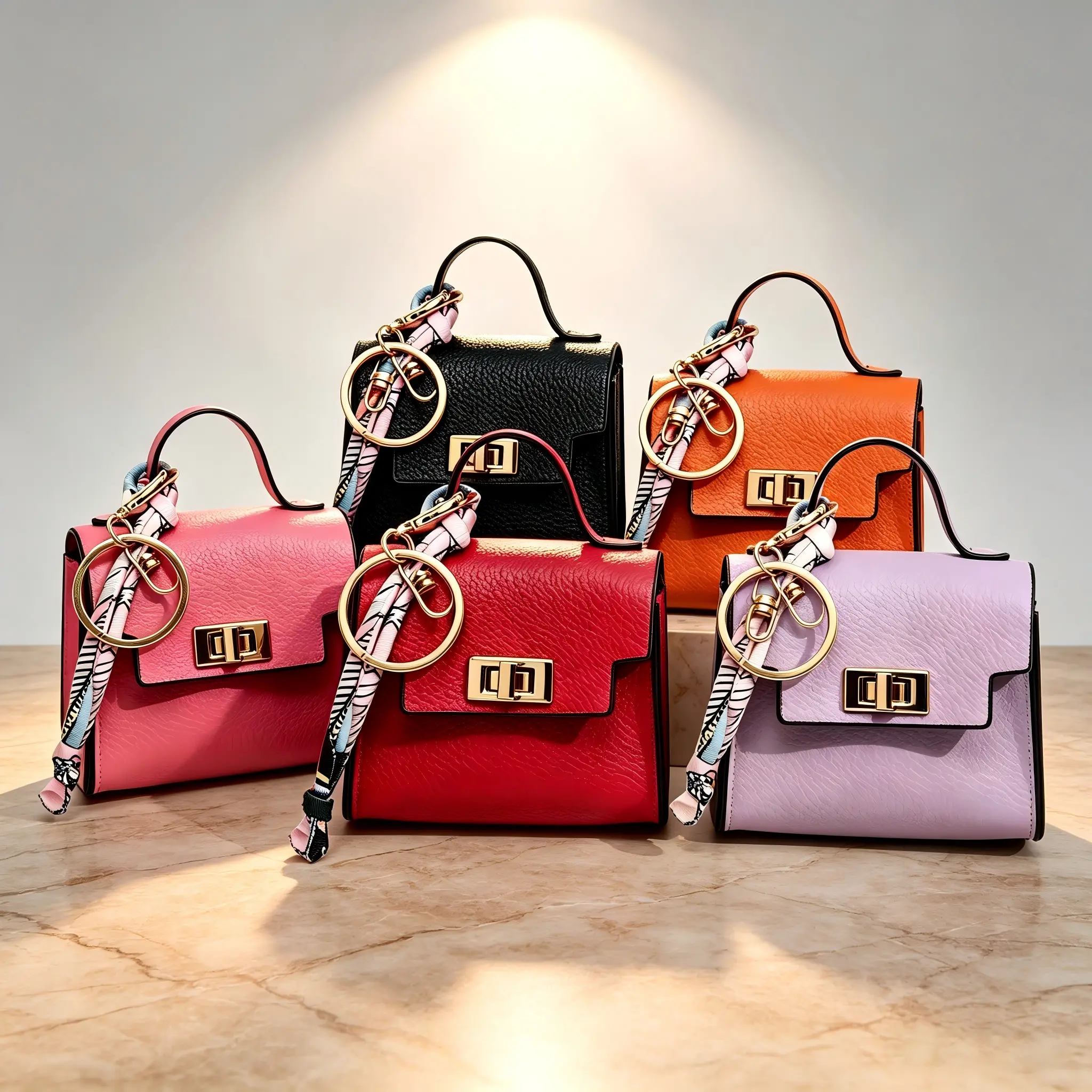 Five colors Mini Square Bag Pendant Keychain - High Quality Leather with Colorful Strap, Cute Car Keychain