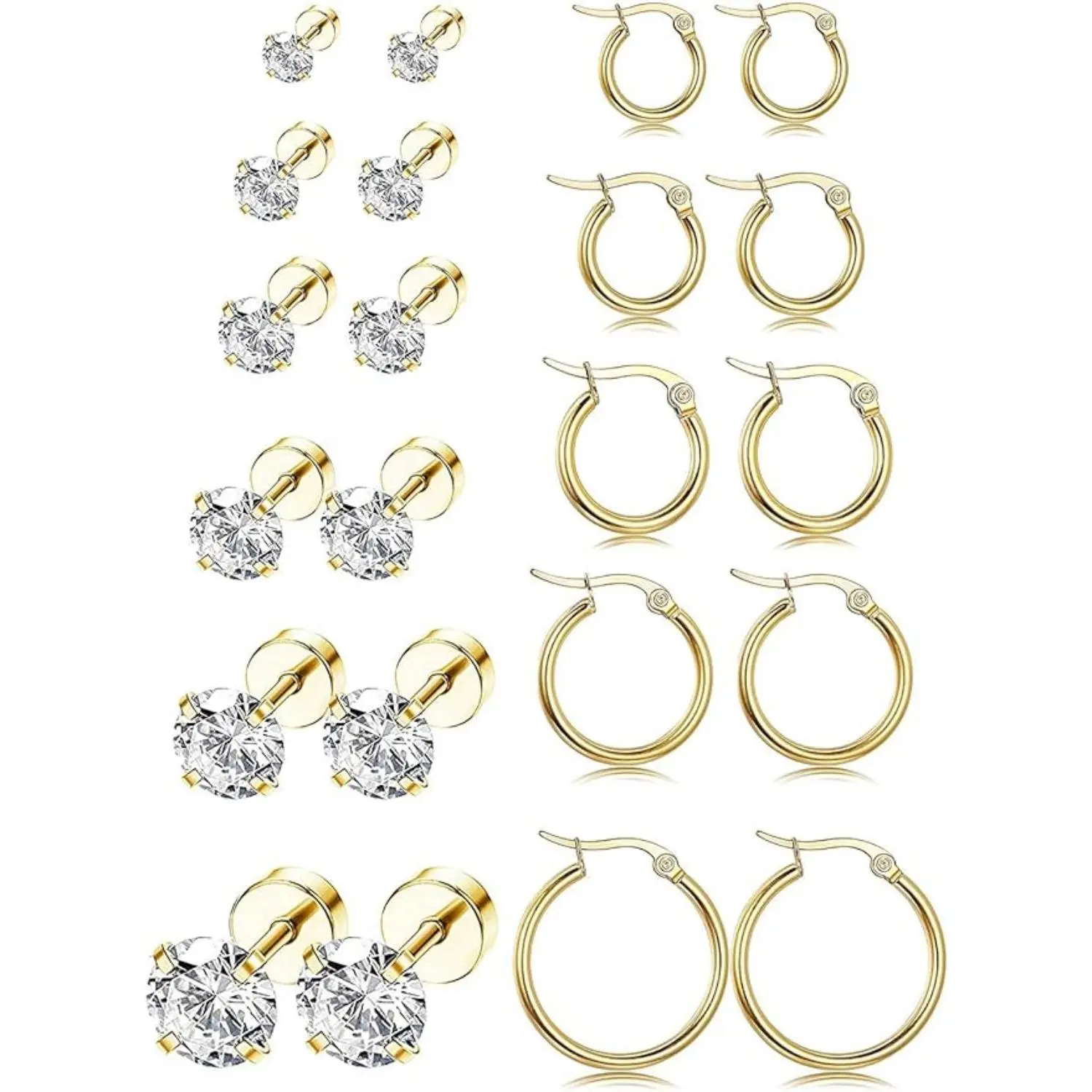 Jstyle 11Pairs Stainless Steel Ear Stud Piercing Hoop Earrings Set Cute Huggie Earrings Cubic Zirconia Cartilage Barbell Stud Earring Screw Flat Back Earrings Daily