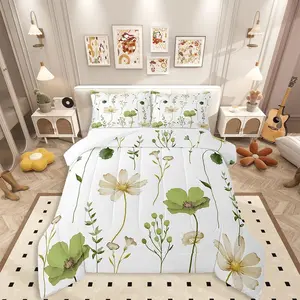 Watercolor Flower Comforter Set,Olive Green Beige Floral Bedding Set for Kids Teens Adult Women,Modern Minimalist White Quilt