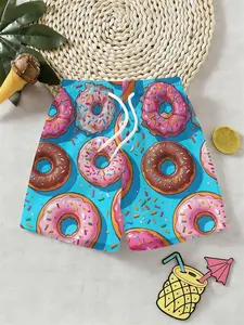 Boys Blue Bottom Colorful Donut Full Print 3D Beach Shorts, Summer Swim Trunks, Summer Fun Foodie Style Shorts, Outdoor Play, Holiday Gift, Birthday Present