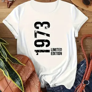 Women's Casual Letter and 1973 Print Summer Round Neck Short Sleeve T-Shirt White CLL T-shirts-10361