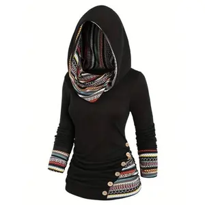 Women's Tribal Geometric Striped Patchwork Hoodie, Casual Ethnic Style Sweatshirt with Drawstring and Pocket, Long Sleeve Fall Fashion