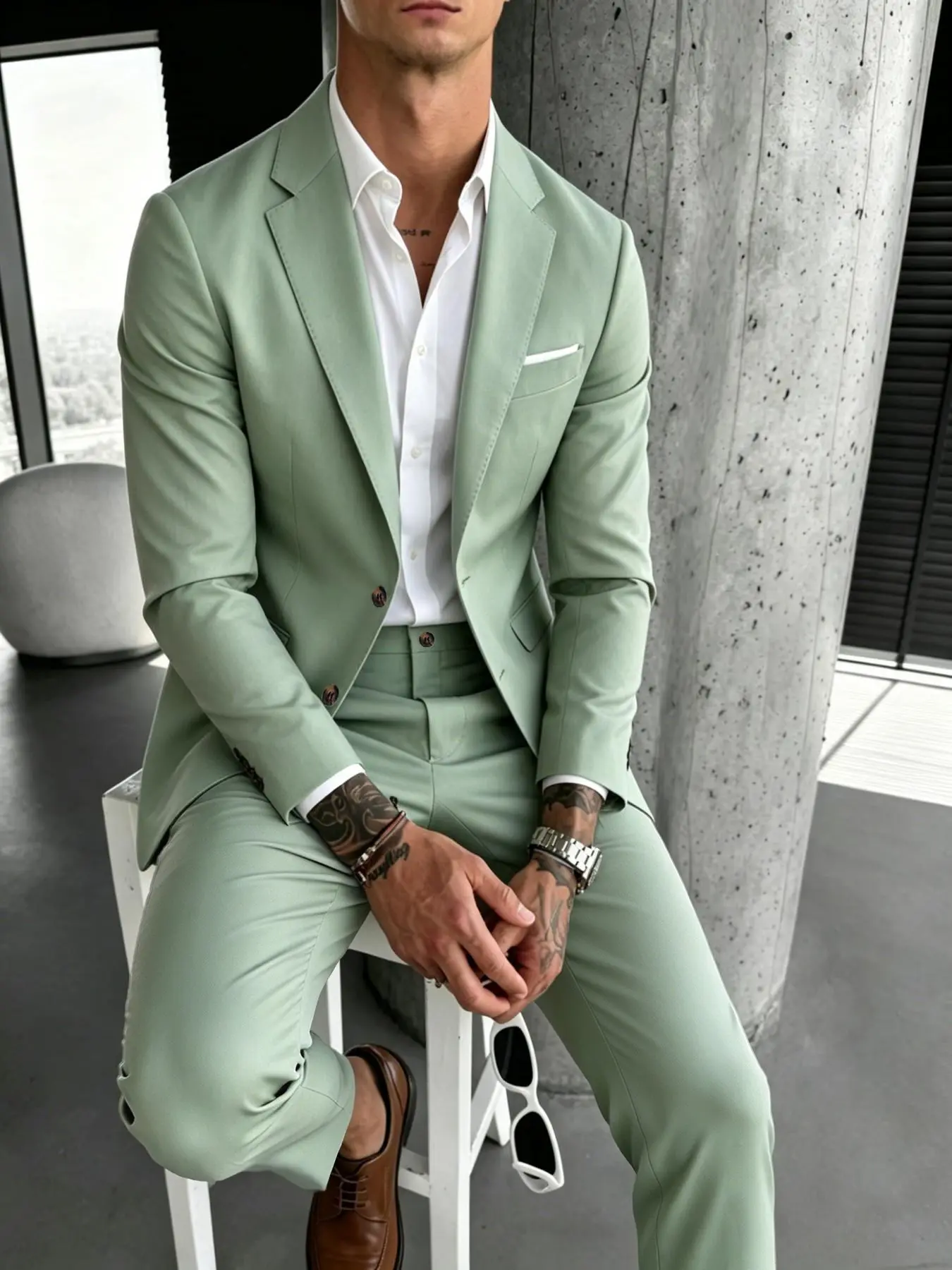 Light Blazer Set, Classic Casual Business Two-Piece Suit, Business Suits Set, Men's Fitted Jacket, Amber Button Details, Lightweight Fabric, All-Season Wear, Summer Suits, Pants, Menswear
