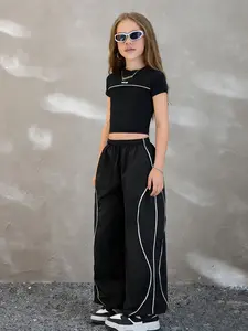 Contrast Piping 2-Piece Kids Set, Crop Top & Wide Leg Track Pants, Casual Slim-Fitting Streetwear for Girls, All Seasons