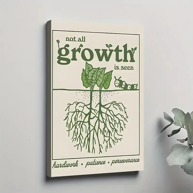 1pc Solid Wood Framed Growth Mindset Poster - Minimalist Green & Beige Motivational Wall Art with Root Vegetable Design, Hardwork/Persistence/Perseverance Words, Indoor/Outdoor Home Office Classroom Decor for Spring/Autumn, Wrapped Canvas Frame in Elegant