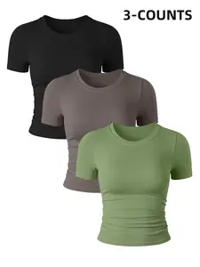 Women's 3-Pack Sporty Short Sleeve T-Shirts, Seamless Round Neck Yoga Tops, Gym Workout Tops, Tight-Fitting Woven Fabric, Ideal for Gym & Fitness Activities