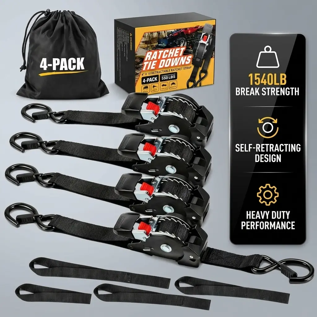 4Pack Retractable Ratchet Straps, 1540lb Break Strength Heavy Duty Auto Self Retracting Tie Down Straps with Soft Loops, 1" x 10' Cargo Straps for Motorcycle, Truck, ATV – Easy Retract, 4 Pack