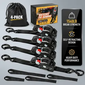 4Pack Retractable Ratchet Straps, 1540lb Break Strength Heavy Duty Auto Self Retracting Tie Down Straps with Soft Loops, 1" x 10' Cargo Straps for Motorcycle, Truck, ATV – Easy Retract, 4 Pack