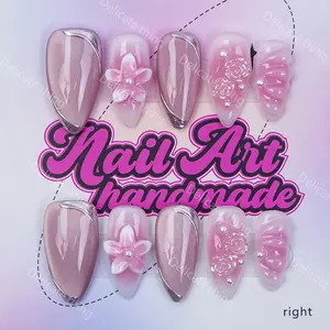 Delicatething Y2K Style Almond Nail Set, Nail Art Handmade Wearable Nails, 3 Sizes S M L, Multiple Sizes, 3D Blush Design, Perfect Gift for Girls, Nail Art Kit