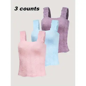 3 Pieces Women's High Elasticity Yoga Tops - Sleeveless Square Neck with Jacquard Detail and Ruffle, Soft Comfortable Loose Fit, Suitable for Fitness, Sports, Casual and Outdoor Wear (Pink/Blue/Purple), Non-See-Through Fabric, Multifunctional Fashion