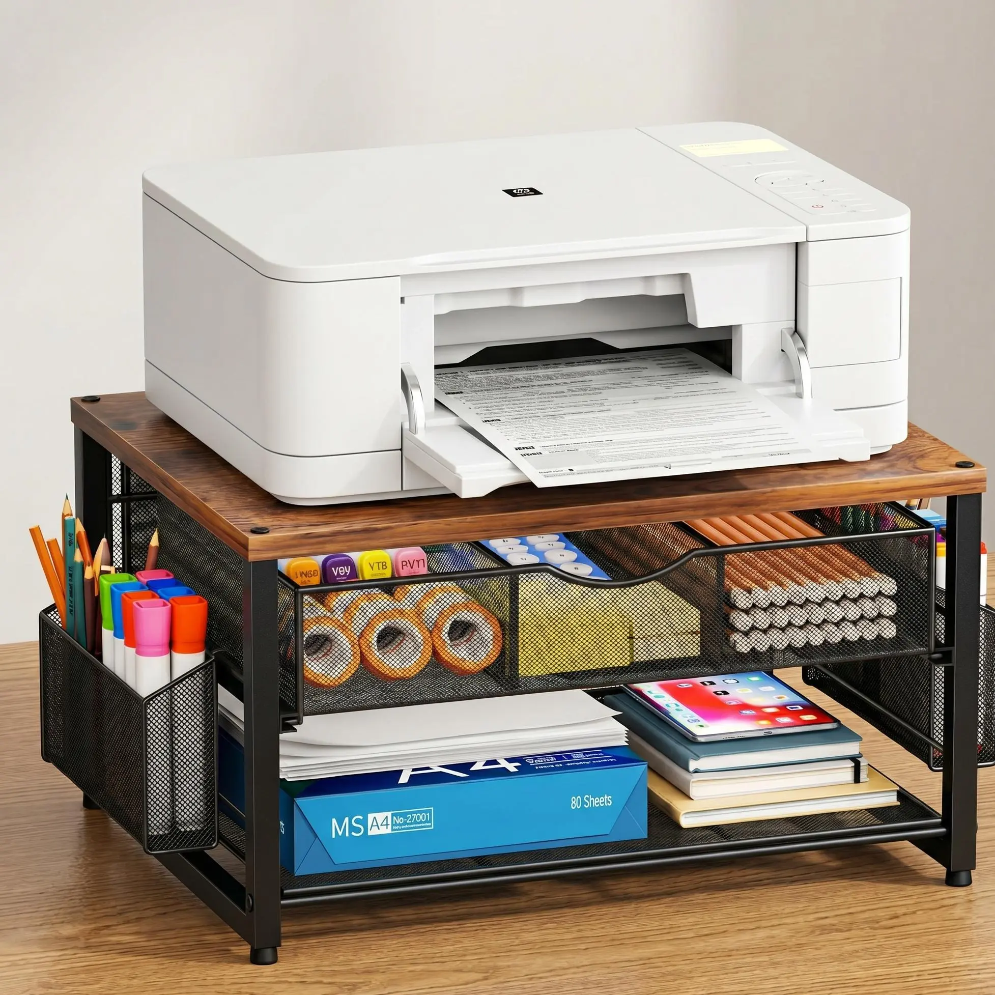 Multifunctional Sturdy Printer Stand Shelf - Reliable Commercial Office Furniture, Space-Saving Support for Fax Machine, 3D Printer, Scanner, Home Desktop Organizer
