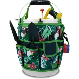 5 Gallon 18-Pocket Bucket Tool Organizer Gardening Tool Bag with Hangable Handle, Garden Caddy & Bucket Accessory, Green