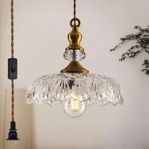 Vintage Glass Pendant Light Fixture Brass Modern Adjustable Chandelier Farmhouse Hanging Light for Hallway Porch Kitchen Bedroom Coffee Shop Dining Room Island