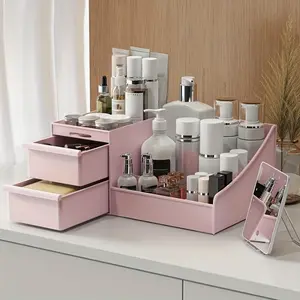 Pink plastic storage box with drawers, Cosmetic organizer, cosmetic and beauty accessory storage box Suitable for bathroom vanity, desk, bedroom, dormitory, Plastic tray with drawers, used for storing beauty products, accessories