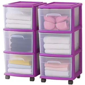 Homz Plastic 3 Drawer Medium Storage Container Tower, Purple Frame (2 Pack)