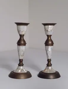 Pair of Abalone & Brass Candlestick Holders – Vintage