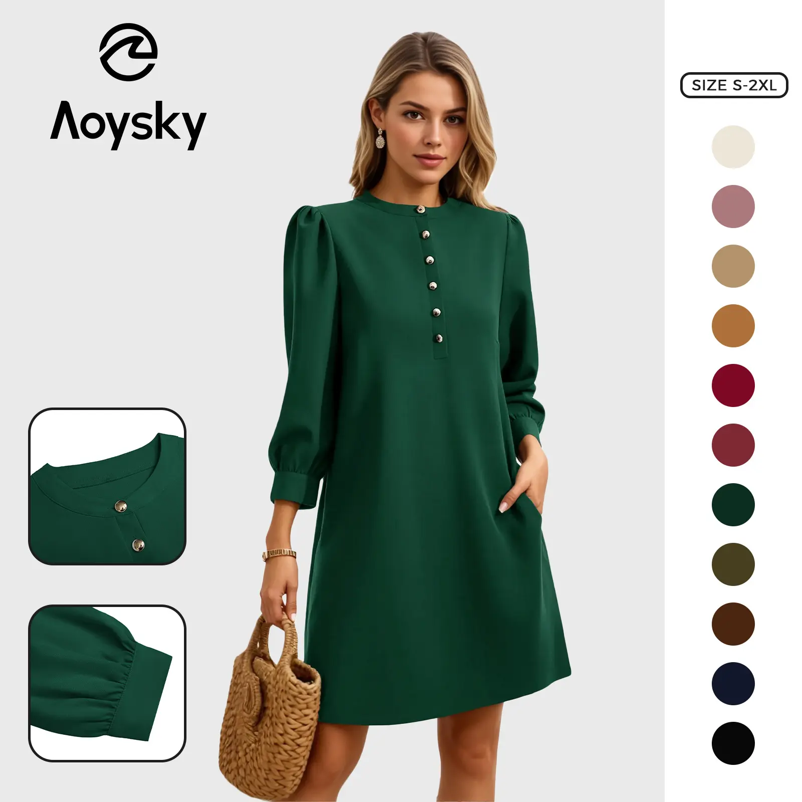 Aoysky Women's 3/4 Puff Drop Sleeves Mini Shift Dress - Button Crewneck, Minimalist Elegant Allseason Basic Button Casual Dress for Business, Casual Wear (2026), Allseason Casual Dresses, Basic Casual Dresses