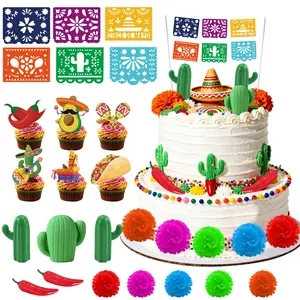 34pcs Mexican Fiesta Cake Decorations, Mexican Theme Cake Decorations Set Cinco De Mayo Cupcake Toppers Mexican Cake Topper Papel Picado Banner Cake Toppersfor Mexican Fiesta Party Decorations		 		