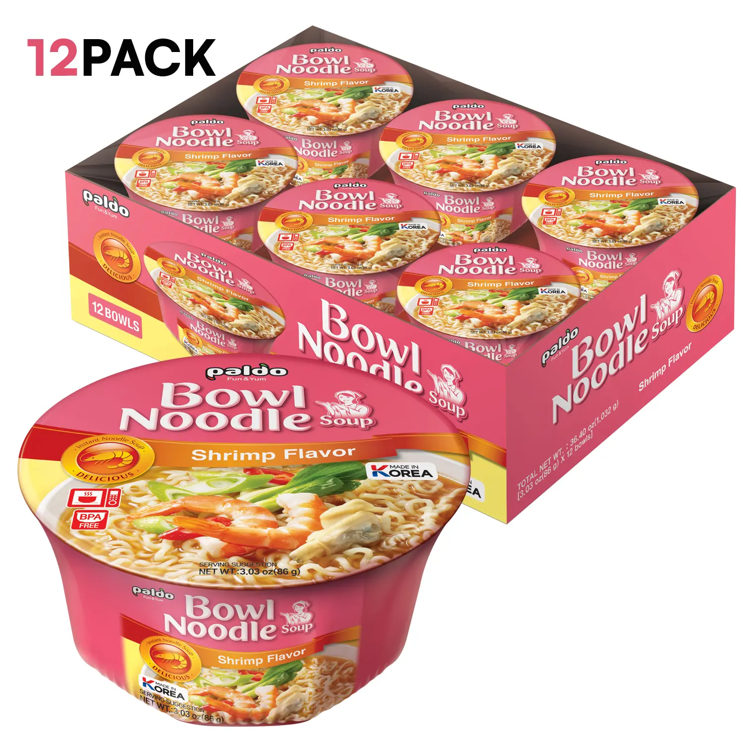 [Paldo Official]Paldo Fun & Yum Instant Cup Noodle Soup Bowl with Seafood Shrimp Flavored Broth, Pack of 12, Best Oriental Style Korean Ramyun, Most Loved Korean Noodles, 팔도 새우 사발면 86g (3.03 oz) x 12