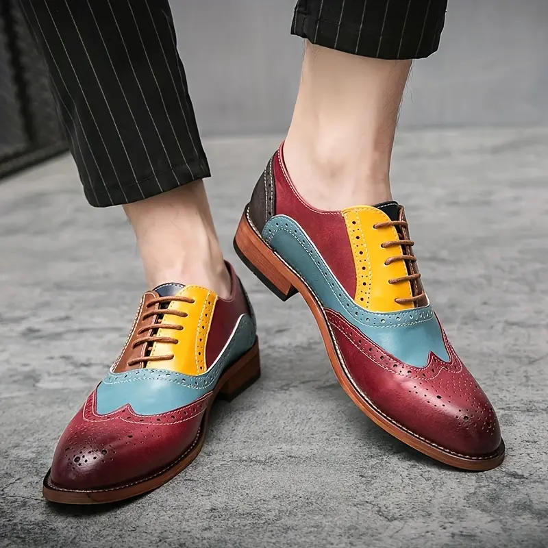 Men's Chic Brogue Chelsea Ankle Boots - Pointed Toe, Cartoon Laces, Striped Design, All Seasons, Casual & Formal Comfort - Office Wear Business Shoes