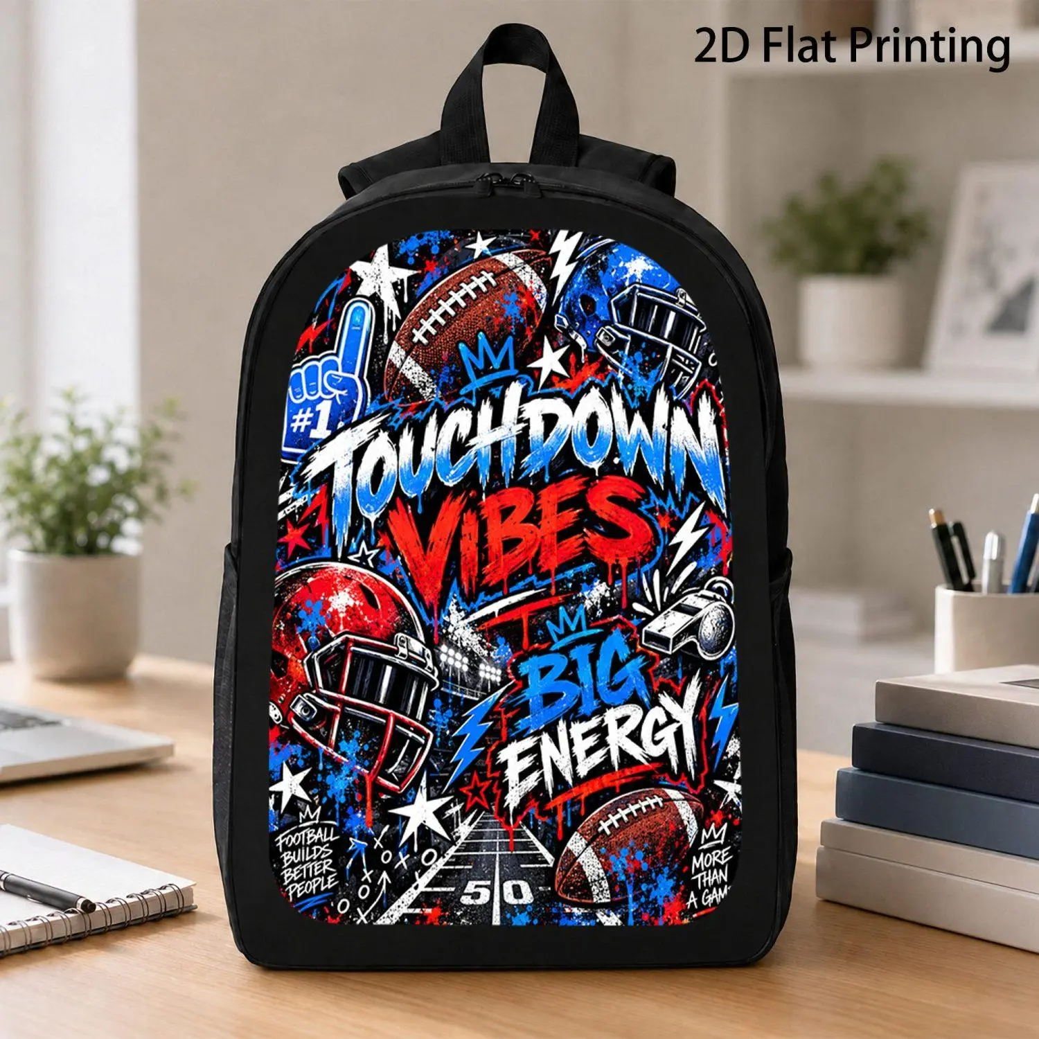 17 Inch Backpack Single Piece Big Energy Graffiti Football Helmet Print Sports Pattern Stylish Trendy Travel Activity Outdoor Durable Backpack
