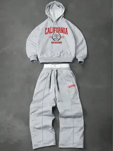 Men's two-piece tracksuit: a hooded sweatshirt and drawstring trousers with lettering and small graphic designs, perfect for fall and winter.